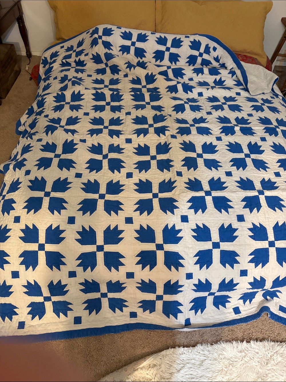 Blue and White Patchwork Quilt - Geometric Floral Motif